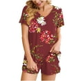 thumbnail image 1 of Ecqkame Women's Sets Outfits 2 Piece Shorts2PC Women's V Neck Shorts Sleeve Two-piece Comfortable Home Pajamas Set Sports Set Wine L, 1 of 4