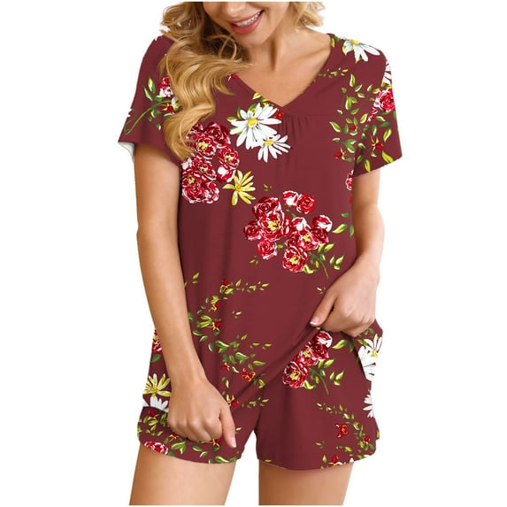 Ecqkame Women's Sets Outfits 2 Piece Shorts2PC Women's V Neck Shorts Sleeve Two-piece Comfortable Home Pajamas Set Sports Set Wine S