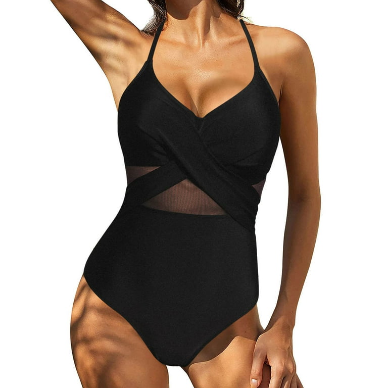 Ecqkame Women's Sexy One Piece Bathing Suits Front Cross Cutout Mesh Swimsuits  Tummy Control Swimwear Black XL Clearance Items 