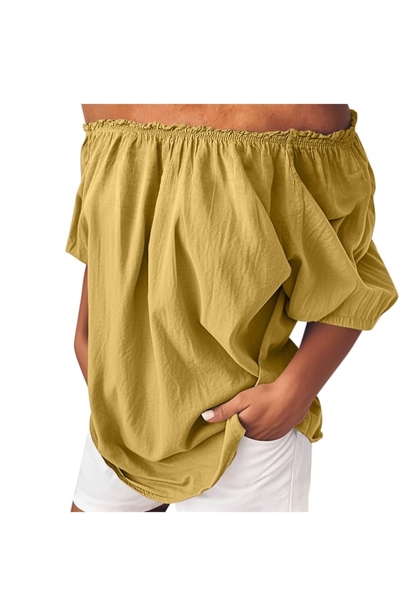 Women's Sexy Tops Summer Fashion Cute Solid Color Off Shoulder Tops Casual Loose Pleated Hem Flowy Blouses Yellow M