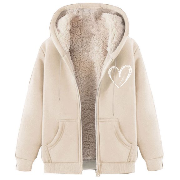 Ecqkame Women's Sherpa Lined Hooded Sweatshirt Winter Zip up Plus Velvet Padded Warm Hoodie Comfy Fleece Hearts Print Hoodie Beige M
