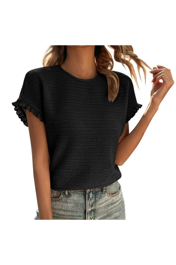 Women's Short Sleeve Casual T-Shirts Summer Ruffle Round Neck Solid Loose Tee Blouse Tops Black XXL