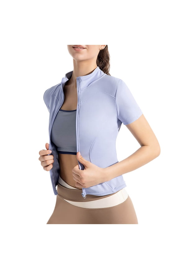 Women's Short Sleeve Slim Coat Athletic Yoga Full Zip Workout Jacket Solid Color Sun Protection Coat with Pockets Blue S