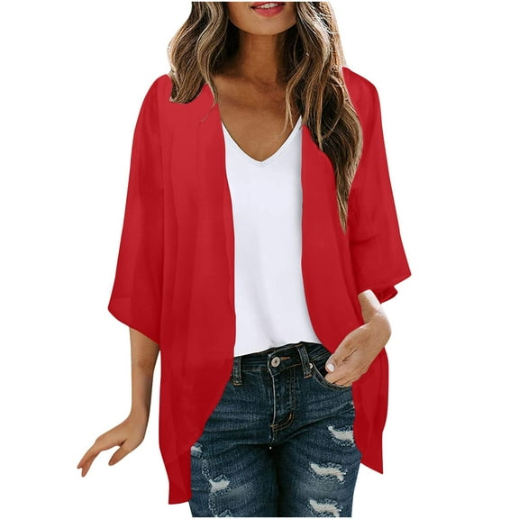 Ecqkame Women's Shrugs Boleros 3/4 Sleeve Draped Open Front Cardigan Top Casual Loose Lightweight Cardigans Coat Red XXL