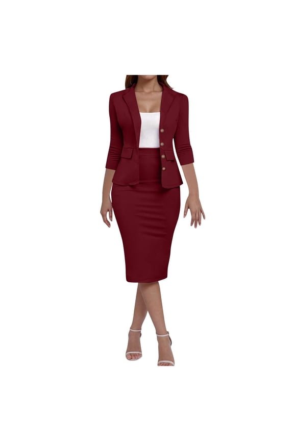 Women's Skirt Suits 2 Piece Set Business Casual Long Sleeve button Blazer High Waisted Pencil Skirts Sets Wine M