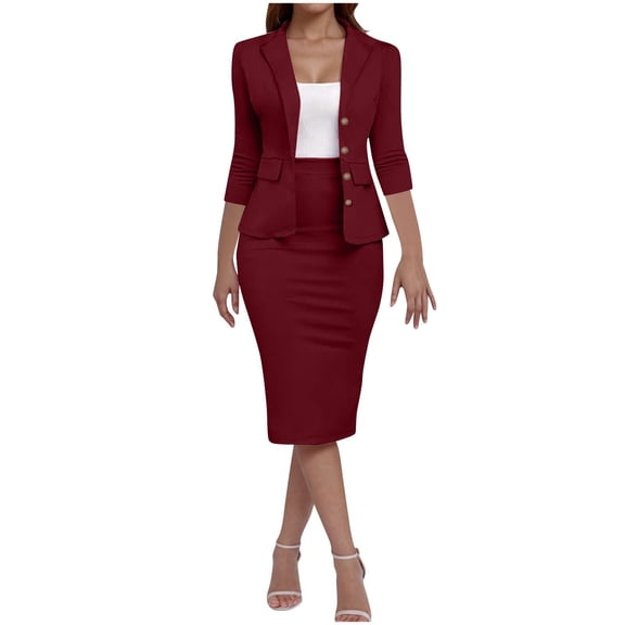 Ecqkame Women's Skirt Suits 2 Piece Set Business Casual Long Sleeve button Blazer High Waisted Pencil Skirts Sets Wine XXL