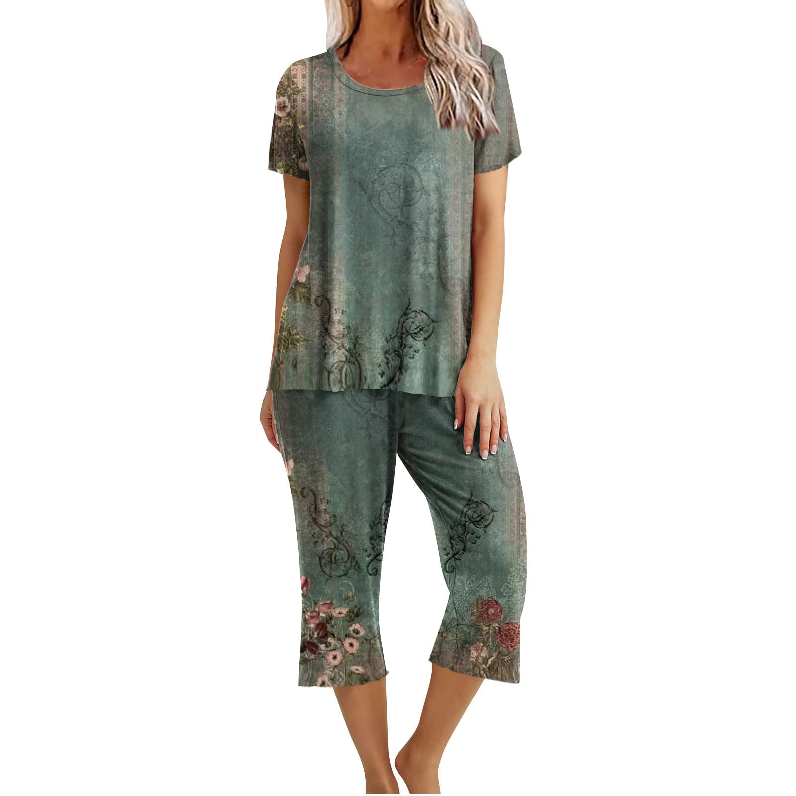 Women's Sleepwear Capri Pajama Sets Clearance Printed Round Neck Short Sleeve Sleepshirt And Pants Sets Loungewear Pajamas With Pockets Green XL