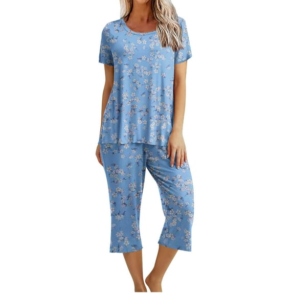 Ecqkame Women's Sleepwear Capri Pajama SetsPrinted Round Neck Short Sleeve Sleepshirt And Pants Sets Loungewear Pajamas With Pockets Blue M