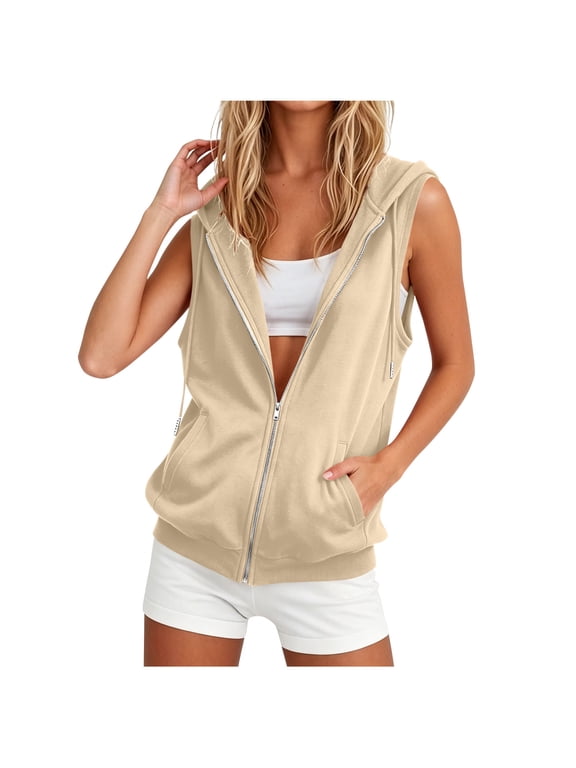 Women's Sleeveless Hoodies Zip Up Drawstring Pocket Hooded Vest Sweatshirt Loose Casual Outdoor Everyday Top Beige XXXL
