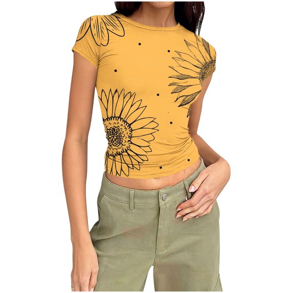 Ecqkame Women's Slim Fitted T-Shirts Crew Neck Short Sleeve Basic Shirt Stretchy Breathable Workout Casual Tops Yellow XXXL
