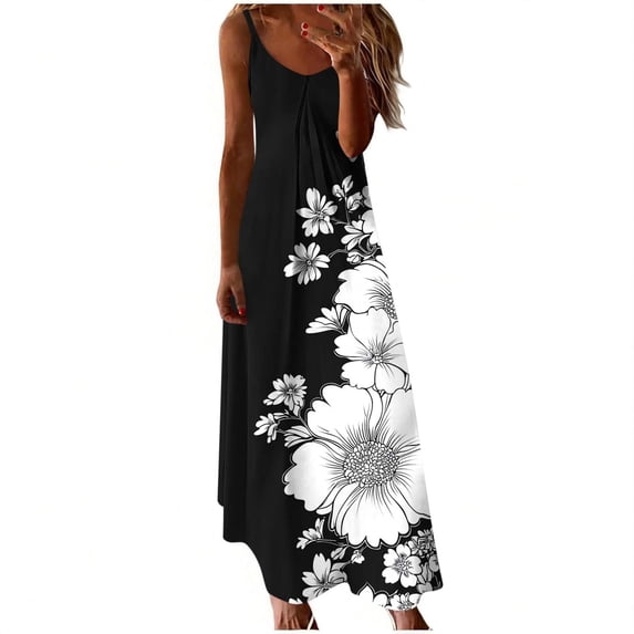 Ecqkame Women's Slip Dresses Spaghetti Strap Floral Print Sleeveless Crew Neck Dresses Casual Fit Comfortable Maxi Dress Black S