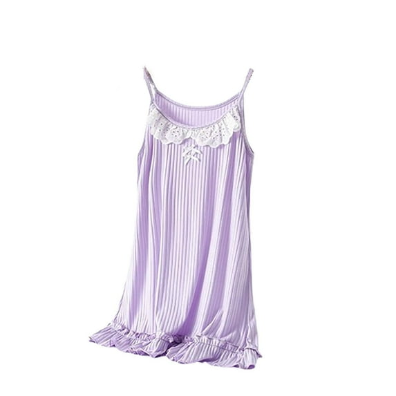 Ecqkame Women's Slip Nightgown Pleated Hem Lace Solid Color Princess Nightdress Round Neck Sleeveless Home Clothes Purple M