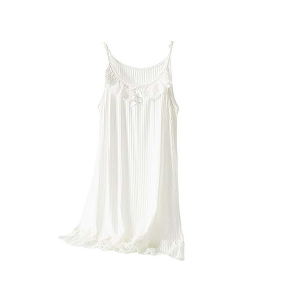 Ecqkame Women's Slip Nightgown Pleated Hem Lace Solid Color Princess Nightdress Round Neck Sleeveless Home Clothes White L