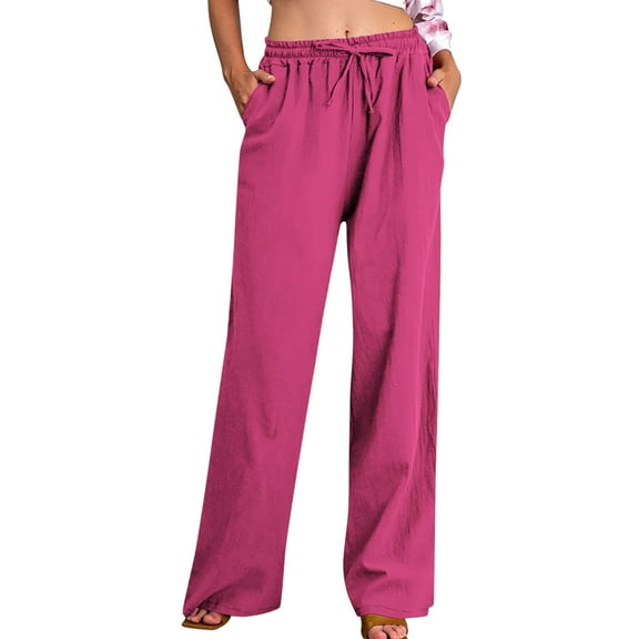 Ecqkame Women's Solid Color Pants Casual High Waist Straight Leg Elastic Waist Pants Loose Flowy Trousers with Pockets 02-Hot Pink XXL