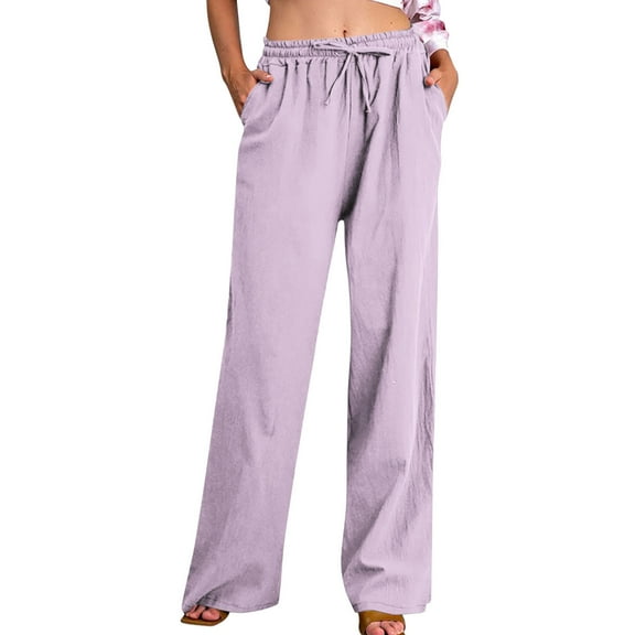 Ecqkame Women's Solid Color Pants Casual High Waist Straight Leg Elastic Waist Pants Loose Flowy Trousers with Pockets 02-Purple S