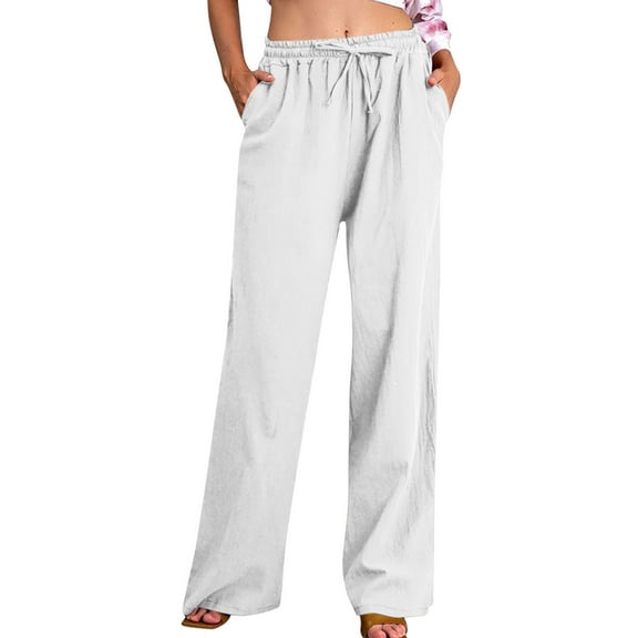 Ecqkame Women's Solid Color Pants Casual High Waist Straight Leg Elastic Waist Pants Loose Flowy Trousers with Pockets 02-White M