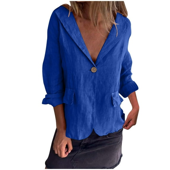 Ecqkame Women's Solid Color Tops Lightweight Cotton Linen Turndown Collar Long-Sleeved Shirt Button Down Cardigan Casual Fashion Tops Dark Blue L