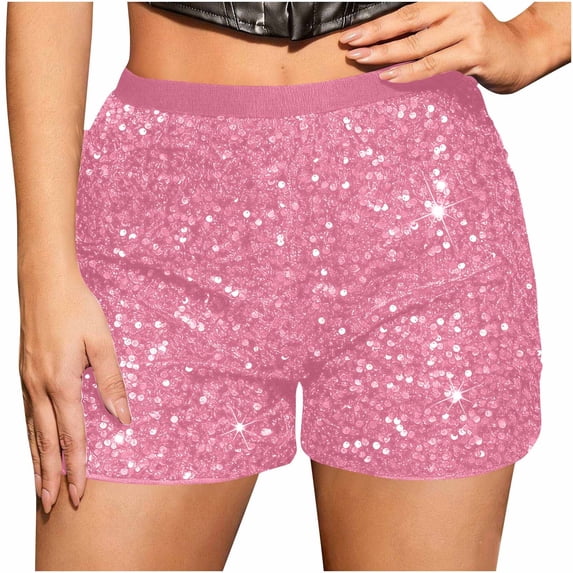 Ecqkame Women's Sparkly Sequin Shorts Glitter Elastic High-Waisted Solid Color Party Rave Club Lightweight Shorts Pink S