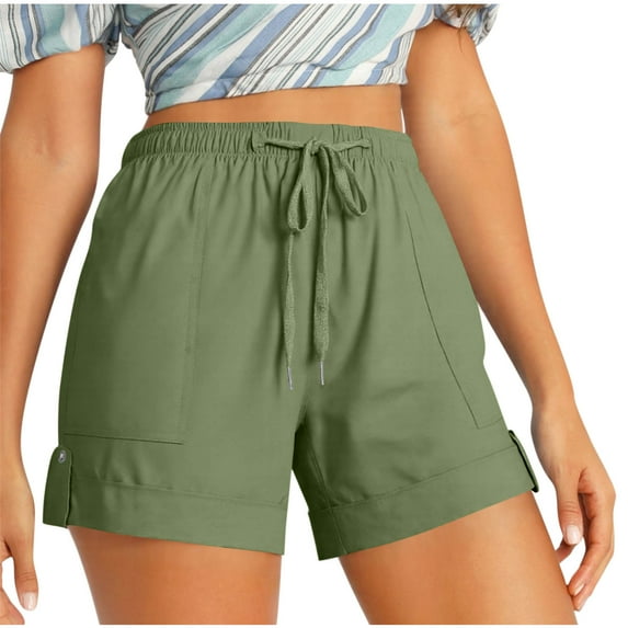 Ecqkame Women's Sports Shorts Casual Breathable Fashion Loose Running Shorts Waist Drawstring Solid Shorts with Pockets 01-Army Green 01-01-Army Green
