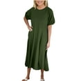 thumbnail image 1 of Ecqkame Women's Spring Summer Casual Loose Dresses Crew Neck Short Sleeve Solid Color Ruffled Flowy Long Dress Green M, 1 of 6