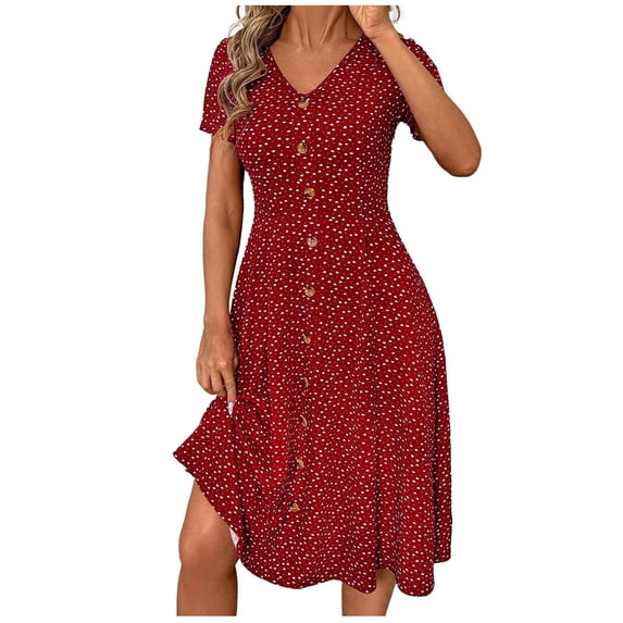 Ecqkame Women's Spring Summer Casual Loose Dresses V-Neck Button Short Sleeve Floral Print Ruffled Flowy Dress Wine S