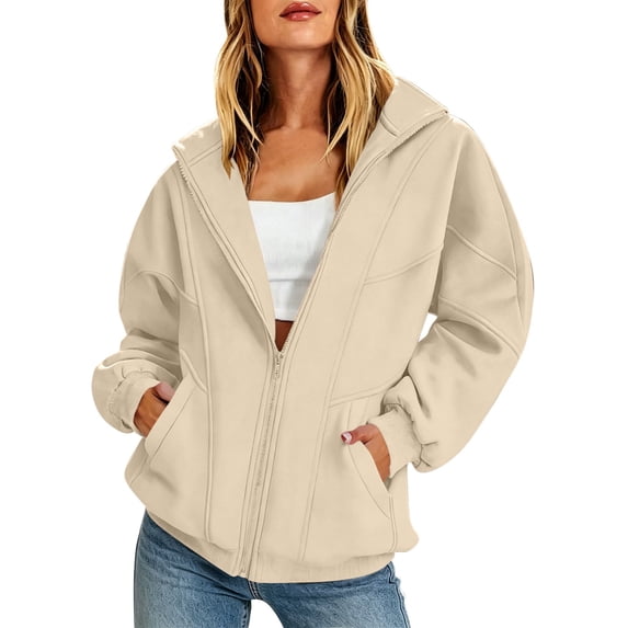 Ecqkame Women's Stand Collar Zip Up Sweatshirts Long Sleeve Pocket Solid Raglan Sweatshirt Casual Trendy Versatile Travel Outwear Jacket Beige M