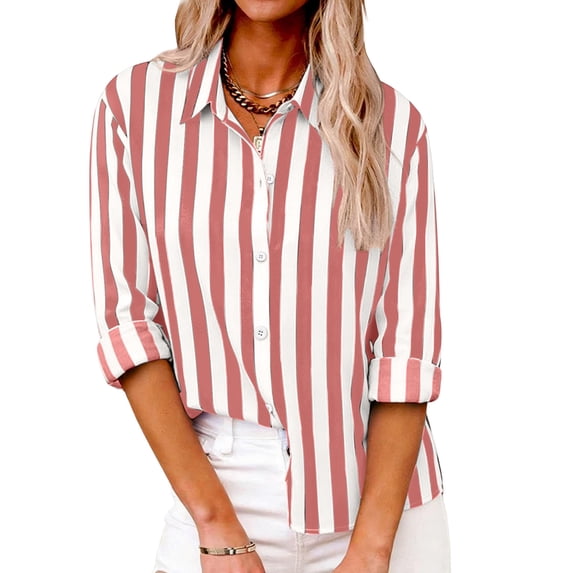 Ecqkame Women's Striped Tops Button Down Long Sleeve Shirts Summer Casual Lightweight Trendy Versatile Blouse Red M