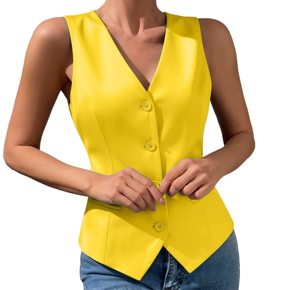 Ecqkame Women's Suit Vests Button Front V Neck Sleeveless Casual Waistcoat Daily Versatile Solid Color Fit Vest Yellow M
