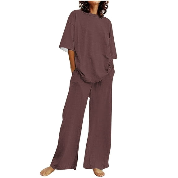 Ecqkame Women's Summer 2 Piece Outfits Short Sleeve Crew Neck Loose Tops Wide Leg Pant Sets Casual Solid Color Tracksuit B-Brown XL
