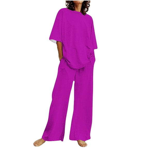 Ecqkame Women's Summer 2 Piece Outfits Short Sleeve Crew Neck Loose Tops Wide Leg Pant Sets Casual Solid Color Tracksuit C-Purple XL on Clearance