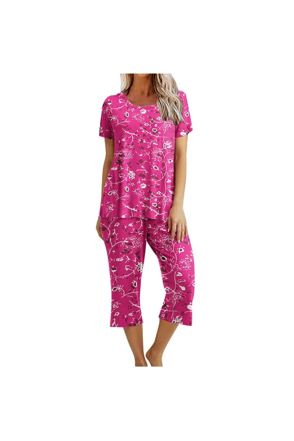 Two Piece Sets for Women Summer Pajama Solid Short Sleeve Sleepwear Soft Pjs Lounge Nightwear Set Hot Pink M