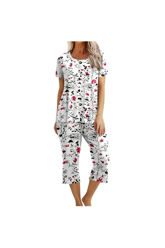 Women's Summer Casual 2 Piece Pajama SetsShort Sleeve Round Neck Top with Capri Pants with Pockets Casual Sleepwear Pjs Loungewear Sets White L