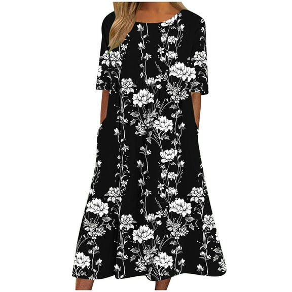 Ecqkame Women's Summer Casual Dresses Fashion Crew Neck Short Sleeve A-Line Pleated Long Dresses Floral Printed Flowy Beach Sundress with Pockets 01-Black XXL