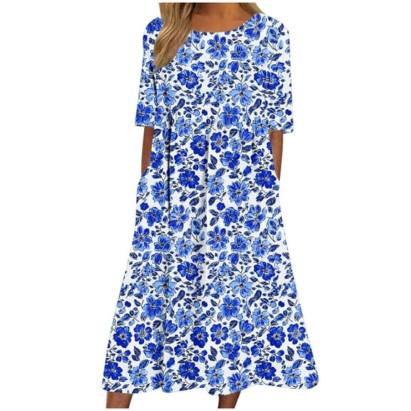 Ecqkame Women's Summer Casual Dresses Fashion Crew Neck Short Sleeve A-Line Pleated Long Dresses Floral Printed Flowy Beach Sundress with Pockets 01-Blue XXL