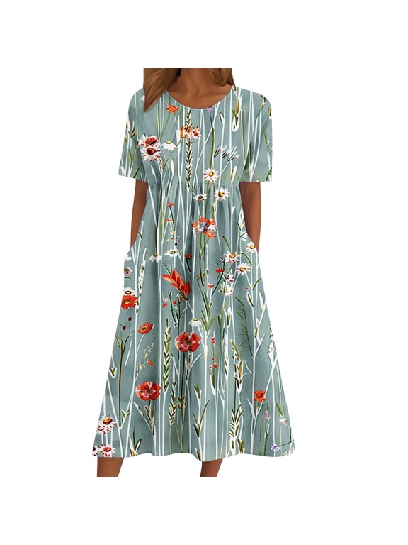 Women's Summer Casual Dresses Fashion Crew Neck Short Sleeve A-Line Pleated Long Dresses Floral Printed Flowy Beach Sundress with Pockets 01-Gray S
