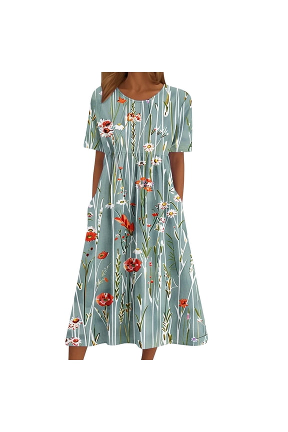 Women's Summer Casual Dresses Fashion Crew Neck Short Sleeve A-Line Pleated Long Dresses Floral Printed Flowy Beach Sundress with Pockets 01-Gray S