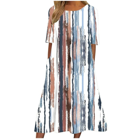 Ecqkame Women's Summer Casual Dresses Fashion Crew Neck Short Sleeve A-Line Pleated Long Dresses Floral Printed Flowy Beach Sundress with Pockets 01-Gray-A M