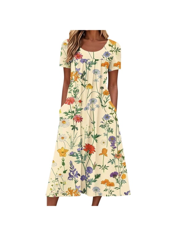 Women's Summer Casual Dresses Fashion Crew Neck Short Sleeve A-Line Pleated Long Dresses Floral Printed Flowy Beach Sundress with Pockets 01-Yellow XL
