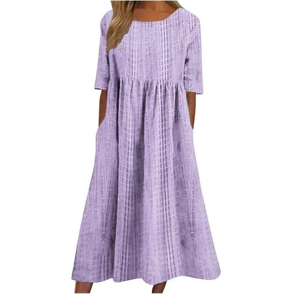 Ecqkame Women's Summer Casual Dresses Fashion Crew Neck Short Sleeve A-Line Pleated Long Dresses Floral Printed Flowy Beach Sundress with Pockets 02-Purple S
