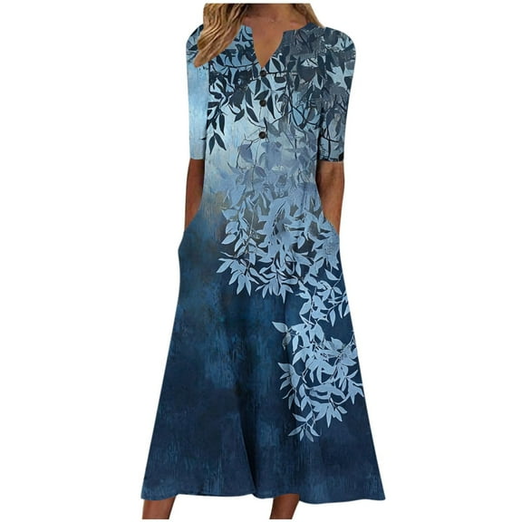 Ecqkame Women's Summer Casual Dresses Fashion V Neck Short Sleeve A-Line Pleated Long Dresses Floral Printed Flowy Beach Sundress with Pockets 03-Navy XXL