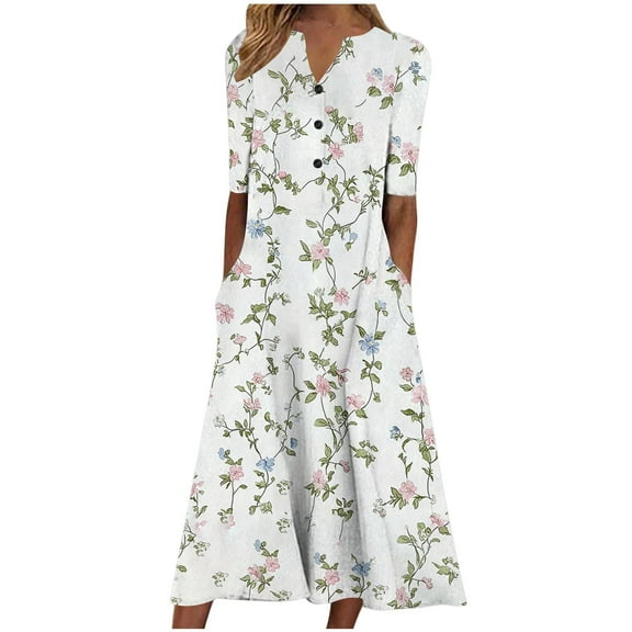 Ecqkame Women's Summer Casual Dresses Fashion V Neck Short Sleeve A-Line Pleated Long Dresses Floral Printed Flowy Beach Sundress with Pockets 03-White-C XXL