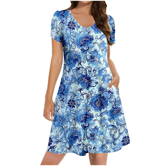 Ecqkame Women's Summer Casual Dresses Floral Print V Neck Ruffle Dress Short Sleeve Flowy Beach Dress with Pockets 01-Blue M