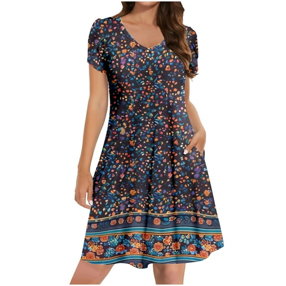 Ecqkame Women's Summer Casual Dresses Floral Print V Neck Ruffle Dress Short Sleeve Flowy Beach Dress with Pockets 01-Gray L