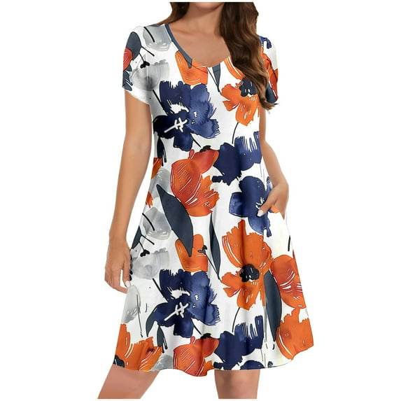 Ecqkame Women's Summer Casual Dresses Floral Print V Neck Ruffle Dress Short Sleeve Flowy Beach Dress with Pockets 01-Orange XXL
