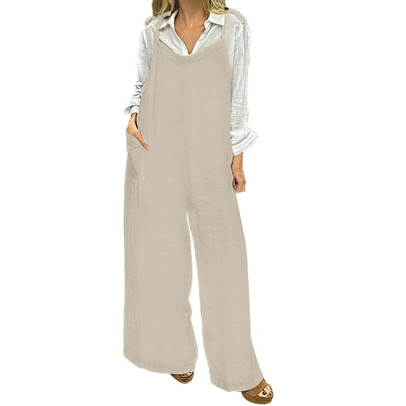 Ecqkame Women's Summer Casual Tank Jumpsuit Loose Sleeveless Crewneck Jumpsuit Solid Color Wide Leg Romper with Pockets 03-Khaki 03-03-Khaki