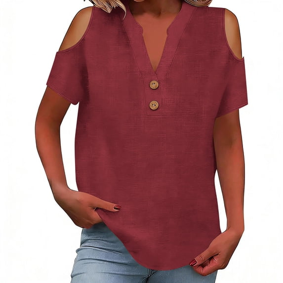 Ecqkame Women's Summer Cold Shoulder Linen Shirts Solid Color Loose Casual V-Neck Button Short Sleeved Lightweight Tops Wine XXL