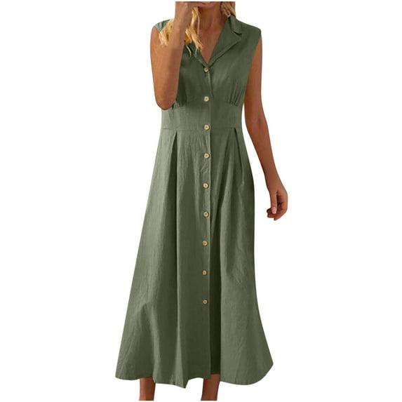Ecqkame Women's Summer Cotton Linen Dress Button-Down Shirt Dress Collared Tunics Sleeveless Dress with Pockets Army Green L