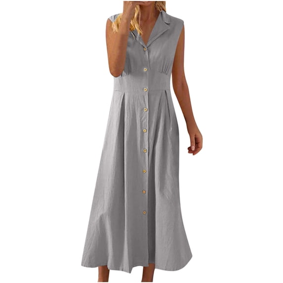 Ecqkame Women's Summer Cotton Linen Dress Button-Down Shirt Dress Collared Tunics Sleeveless Dress with Pockets Gray L