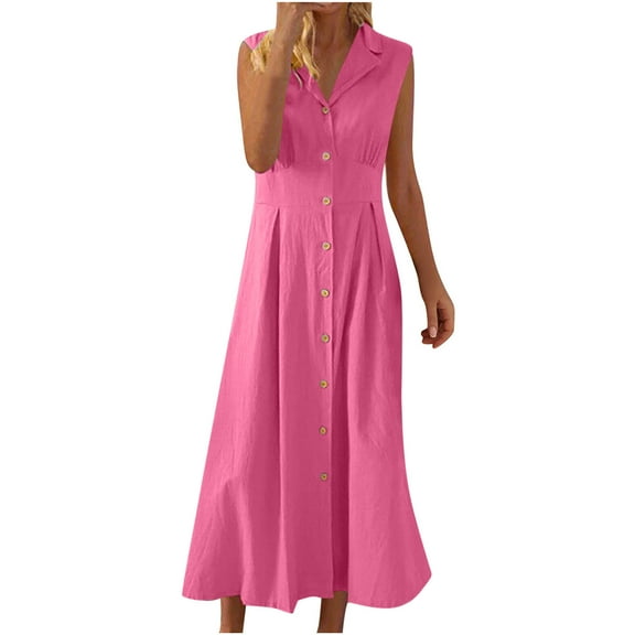 Ecqkame Women's Summer Cotton Linen Dress Button-Down Shirt Dress Collared Tunics Sleeveless Dress with Pockets Hot Pink XXXL