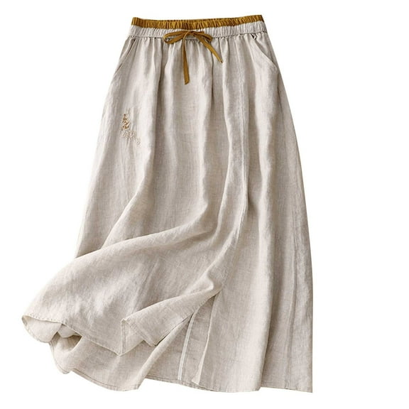 Ecqkame Women's Summer Cotton Linen Skirt Casual Loose Elastic Waist Skirt Embroidery Floral Flowy Ankle Skirt Beige XXL